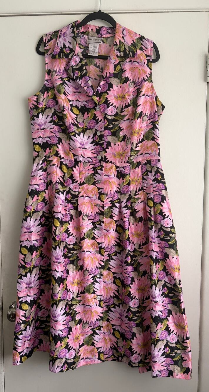 Vintage Karin Stevens Floral Midi Shirtdress Sleeveless Button Up Pink Black 16